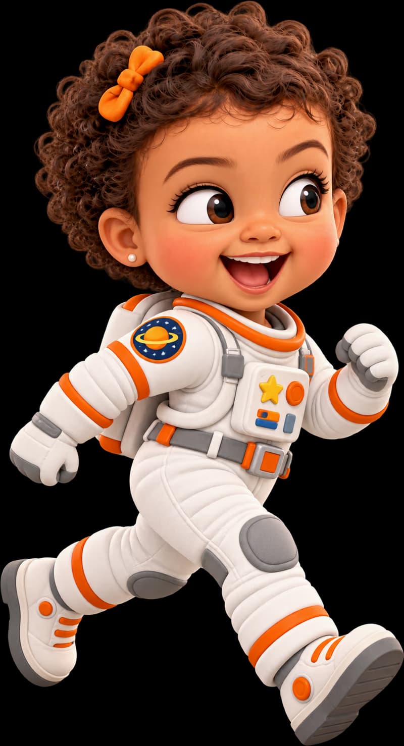 Mary dressed as an astronaut, running excitedly