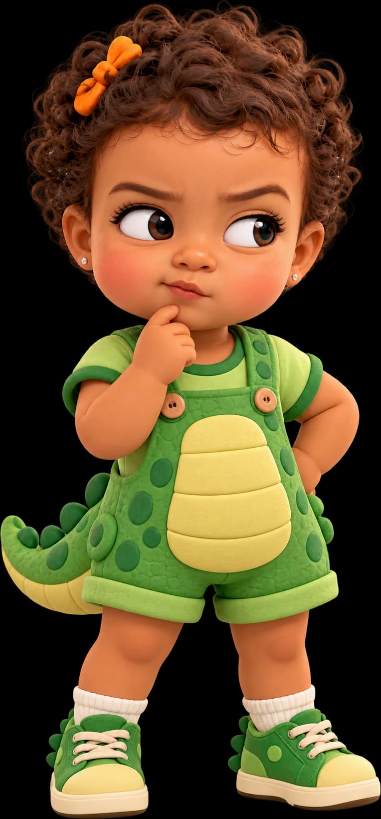 Mary in a gator costume, thinking with a finger on her chin
